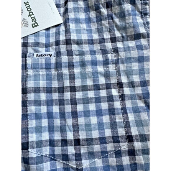 Barbour Men's Kinson Gingham Short Sleeve Button-Down Shirt Navy Blue White M - Picture 3 of 5